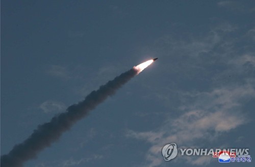 This photo, released by the Korean Central News Agency on July 26, 2019, shows a missile in flight after being launched from a site near the North's eastern coastal town of Wonsan the previous day. North Korea fired two short-range missiles into the East Sea, with its leader Kim Jong-un overseeing the launch. (For Use Only in the Republic of Korea. No Redistribution) (Yonhap)