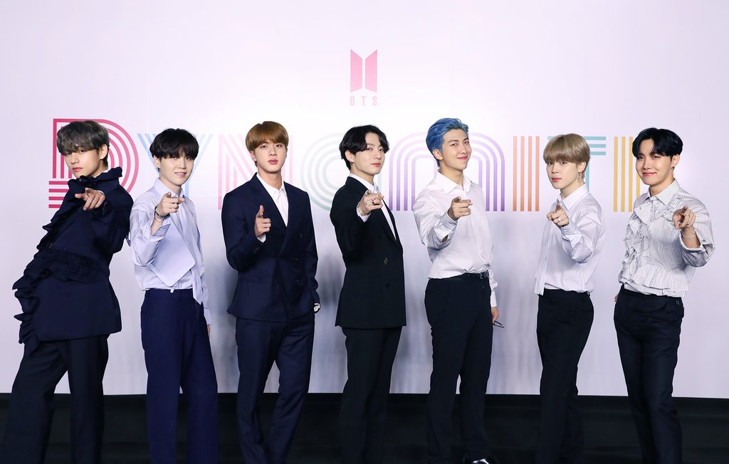 This photo, released by Big Hit Entertainment on Aug. 21, 2020, shows global K-pop band BTS attending a virtual press conference, broadcast through YouTube, to mark the release of its new song "Dynamite." (PHOTO NOT FOR SALE) (Yonhap)