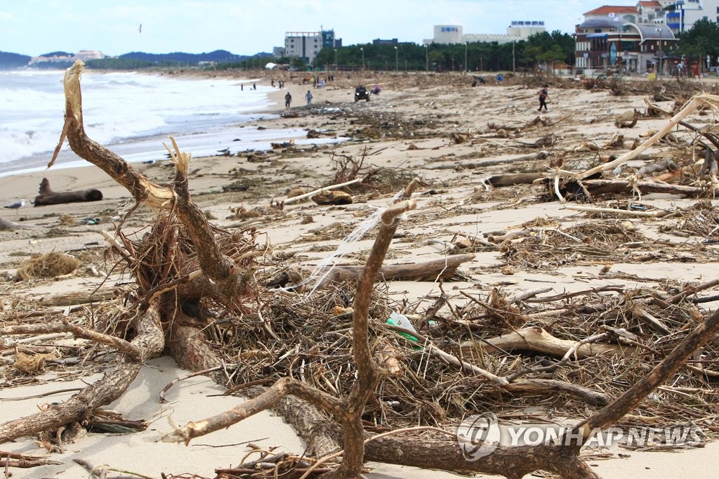 Naksan Beach in Yangyang, Gangwon Province, is full of garbage and debris on Sept. 8, 2020, after the east coast area was hit by two typhoons over the past week. (Yonhap) 