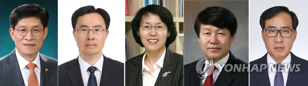 From left are Noh Hyeong-ouk, nominated as land minister, Moon Sung-wook as industry minister, Lim Hye-sook as science minister, An Kyung-duk as labor minister and Park Jun-young as oceans minister in a combination of photos released by Cheong Wa Dae. (PHOTO NOT FOR SALE) (Yonhap)