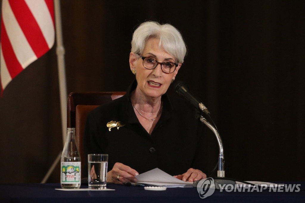 U.S. Deputy Secretary of State Wendy Sherman speaks in a joint press conference with South Korea's First Vice Foreign Minister Choi Jong-kun and Japanese Vice Foreign Minister Takeo Mori after holding trilateral talks in Tokyo on July 21, 2021. (Yonhap)