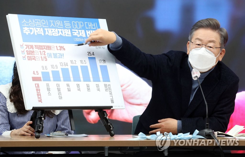 Lee Jae-myung, le candidat présidentiel du Parti démocrate (PP) au pouvoir, prend la parole lors d'une réunion de campagne électorale du parti à son siège à Séoul, le 6 décembre 2021. (Pool photo)
