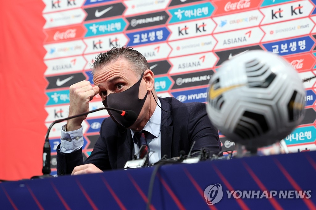 Paulo Bento, head coach of the South Korean men's national football team, speaks at a press conference at the National Football Center in Paju, Gyeonggi Province, on April 7, 2022. (Yonhap)