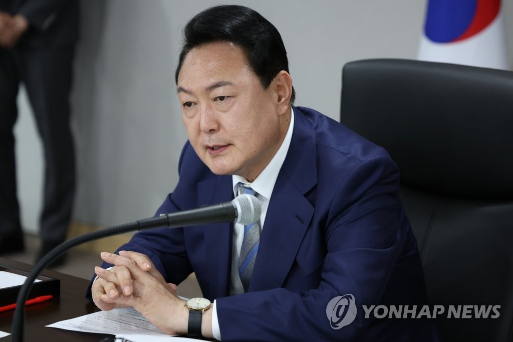 President-elect Yoon Suk-yeol presides over a security meeting at the national crisis management center at the new presidential office in Yongsan, Seoul, on May 6, 2022, in this photo provided by his office. (PHOTO NOT FOR SALE) (Yonhap)