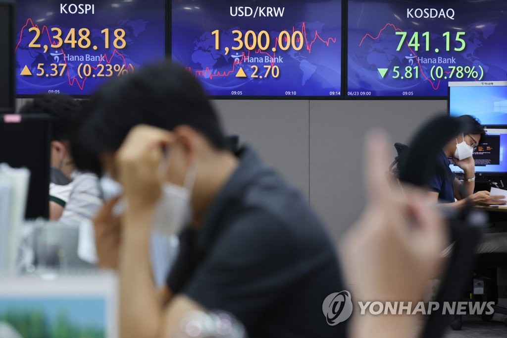 This photo, taken June 23, 2022, shows an electronic signboard at a dealing room of Hana Bank in Seoul that shows South Korea's currency having fallen to the 1,300-won level against the U.S. dollar. (Yonhap)