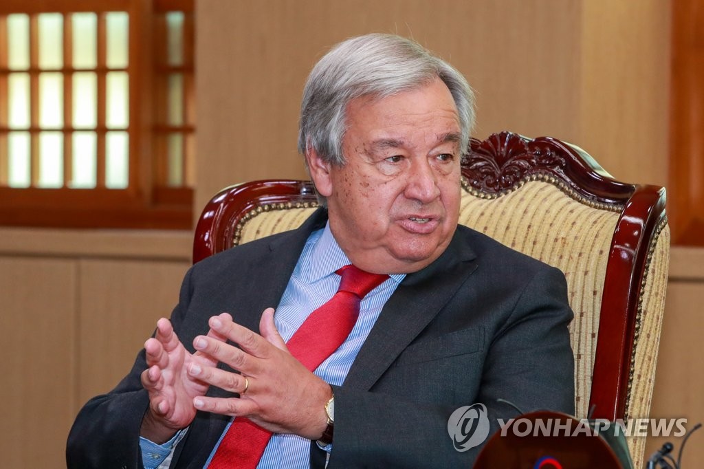 This file photo shows U.N. Secretary-General Antonio Guterres speaking during his meeting with South Korean Foreign Minister Park Jin in Seoul on Aug. 12, 2022. (Pool photo) (Yonhap)