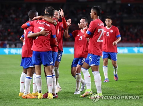 Costa Rican players celebrate a goal by Jewison Bennette against South Korea during the countries' men's friendly football match at Goyang Stadium in Goyang, Gyeonggi Province, on Sept. 23, 2022. (Yonhap)