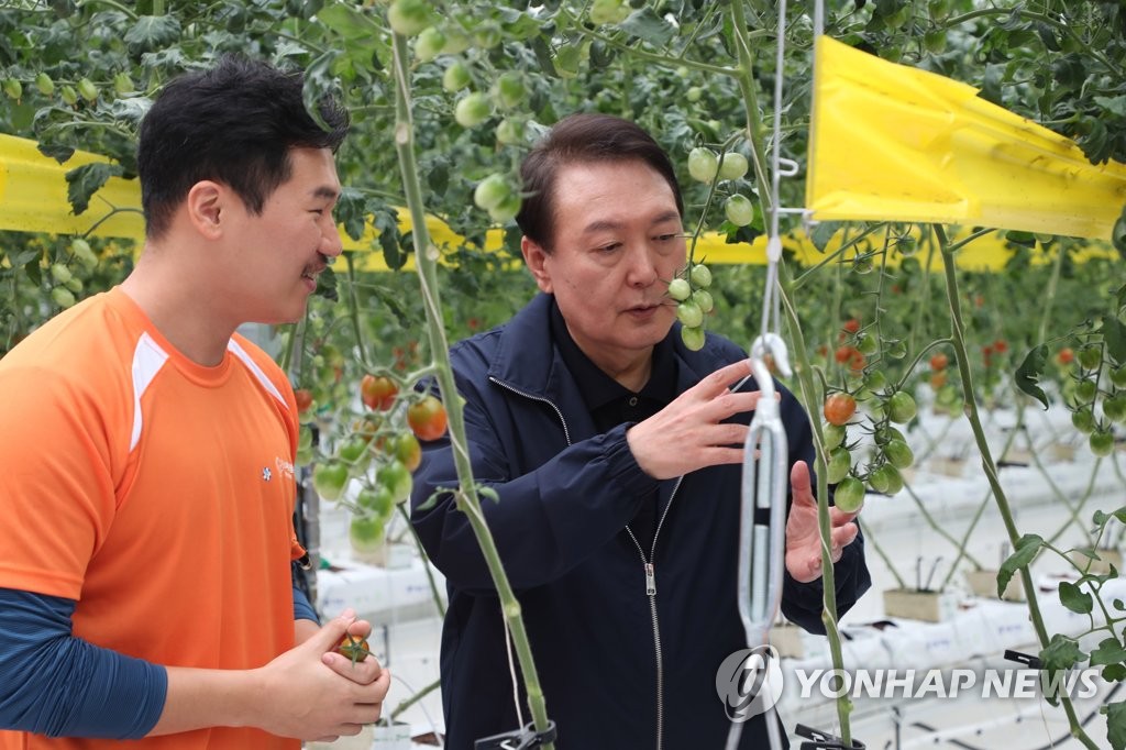 President Yoon Suk-yeol (R) looks around a tomato greenhouse, equipped with a digital farming system, at a smart farming complex in Sangju, North Gyeongsang Province, southeastern South Korea, on Oct. 5, 2022. (Pool photo) (Yonhap)