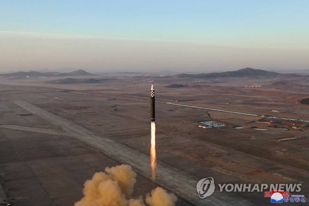This photo, carried by North Korea's official Korean Central News Agency (KCNA) on March 17, 2023, shows the North firing a Hwasong-17 intercontinental ballistic missile from the Sunan area in Pyongyang the previous day, in response to the ongoing South Korea-U.S. Freedom Shield joint drill. North Korean leader Kim Jong-un "guided" the launch together with his young daughter, Ju-ae, according to the KCNA. (For Use Only in the Republic of Korea. No Redistribution) (Yonhap)