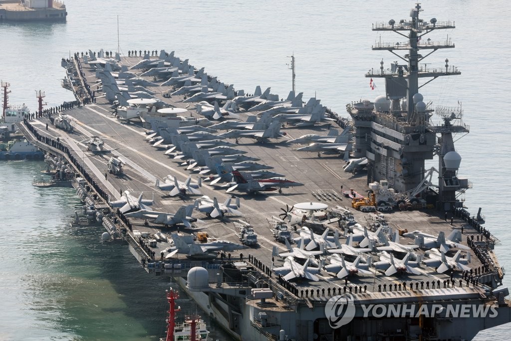 The nuclear-powered USS Nimitz aircraft carrier arrives at ROK Fleet Command in Busan, 325 kilometers southeast of Seoul, on March 28, 2023. (Yonhap)