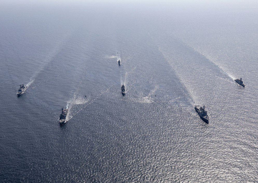 This file photo, provided by the U.S. Defense Visual Information Distribution Service, shows South Korean and U.S. warships holding combined naval drills in the Yellow Sea in late April 2023. (PHOTO NOT FOR SALE) (Yonhap)