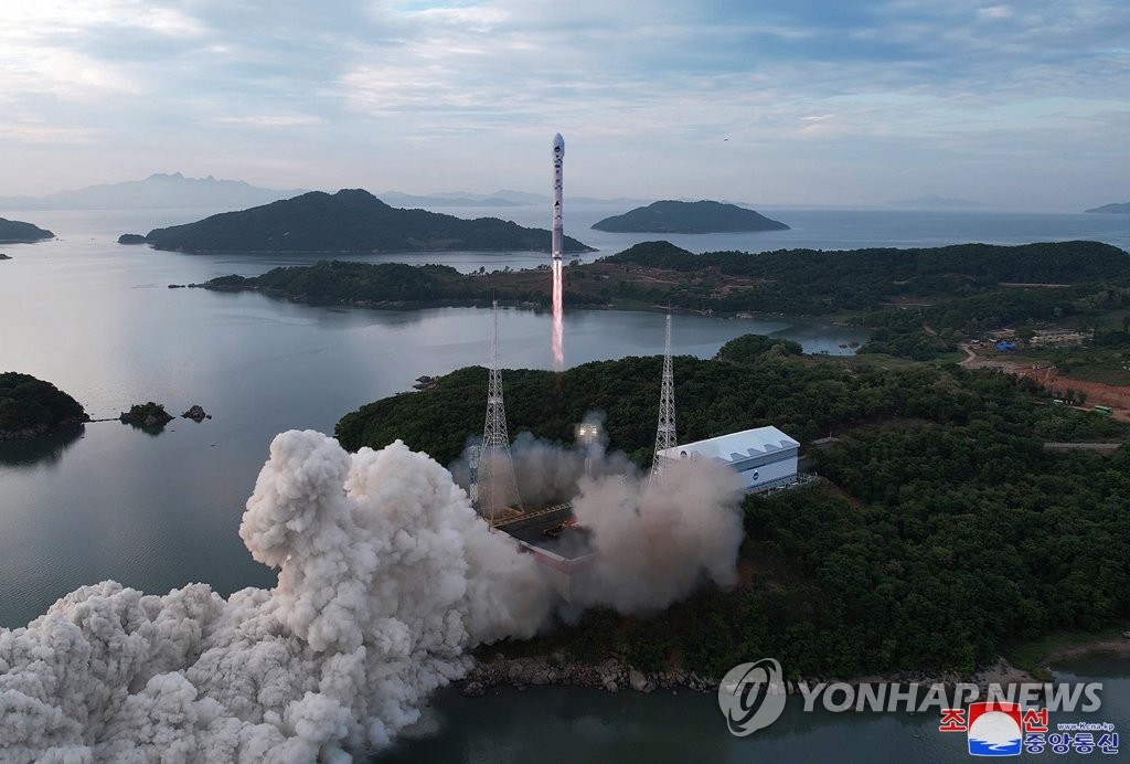 This photo, provided by North Korea's Korean Central News Agency on June 1, 2023, shows the launch of the North's new "Chollima-1" rocket carrying a military reconnaissance satellite, "Malligyong-1," from Tongchang-ri on the North's west coast the previous day. (For Use Only in the Republic of Korea. No Redistribution) (Yonhap)