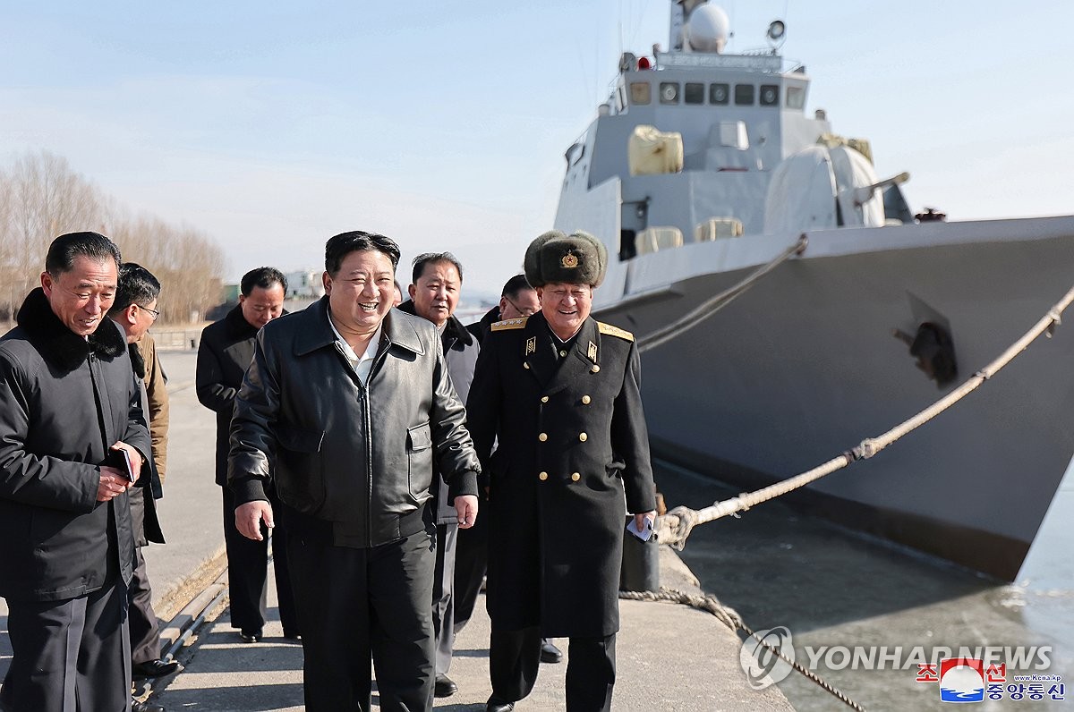 North Korean leader Kim Jong-un (C) visits the Nampho Dockyard building warships in South Pyongan Province, in this undated photo released by the North's Korean Central News Agency on Feb. 2, 2024. (For Use Only in the Republic of Korea. No Redistribution) (Yonhap)