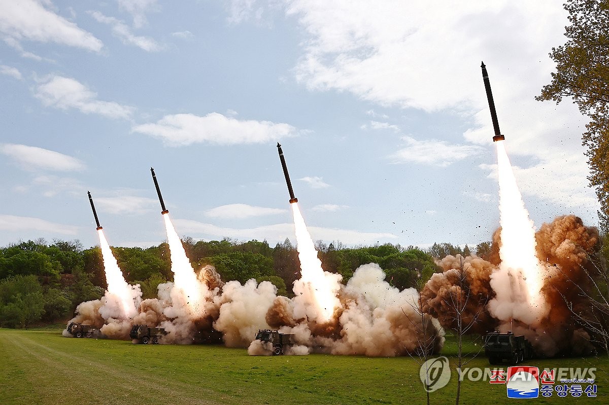 North Korea conducts a tactical drill simulating a nuclear counterattack by super-large multiple rocket units on April 22, 2024, in this photo released by the North's official Korean Central News Agency the following day. (For Use Only in the Republic of Korea. No Redistribution) (Yonhap)